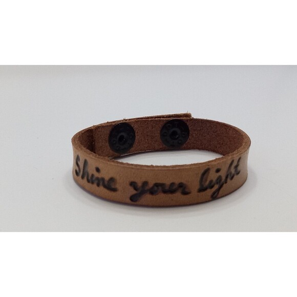 Genuine Leather Tan "Shine Your Light" Script Bracelet 6.5-8 inch Graduation - Picture 6 of 6
